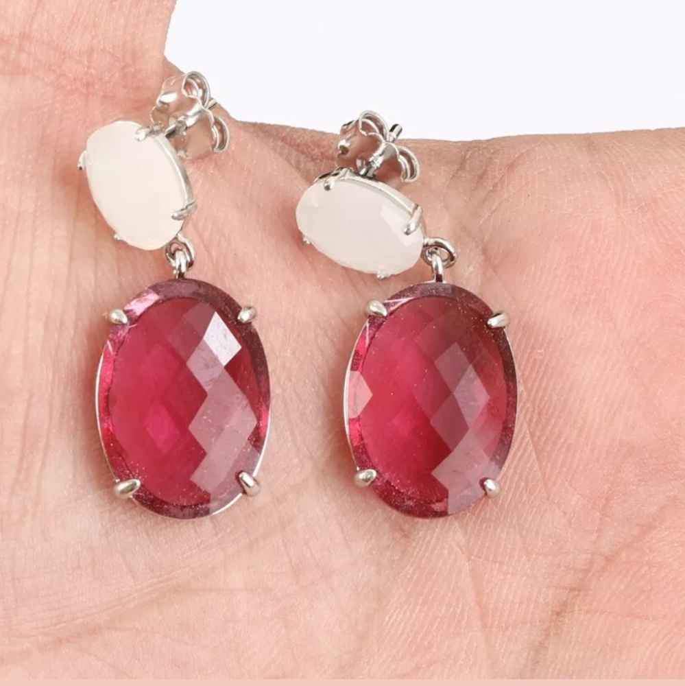 Ruby & pink chalcedony sterling cocktail earrings
